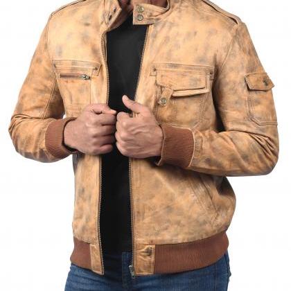 Beige Leather Jacket Antique Waxed Distressed..
