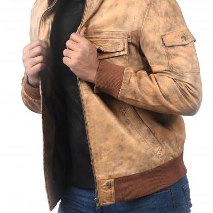 Beige Leather Jacket Antique Waxed Distressed..
