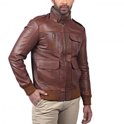 Men Casual Ribbed Stand Collar Bomber Brown..