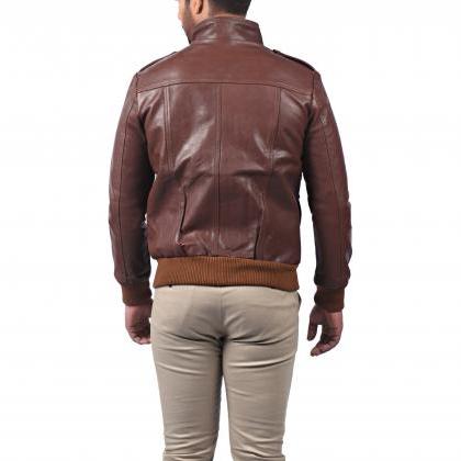 Men Casual Ribbed Stand Collar Bomber Brown..