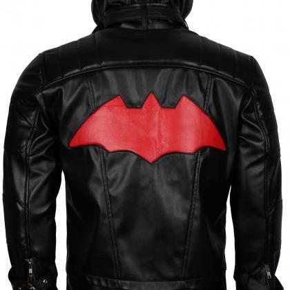 Bat The Man Beyond Black Hooded Real Leather Biker..