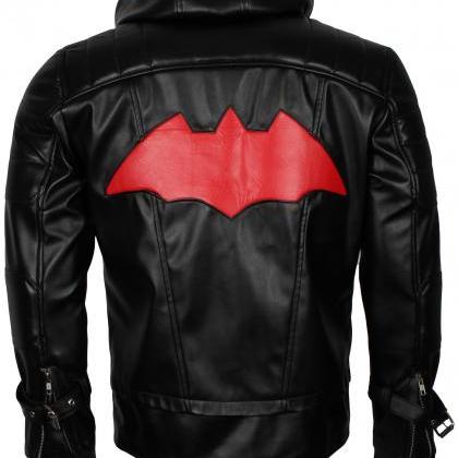 Bat The Man Beyond Black Hooded Real Leather Biker..