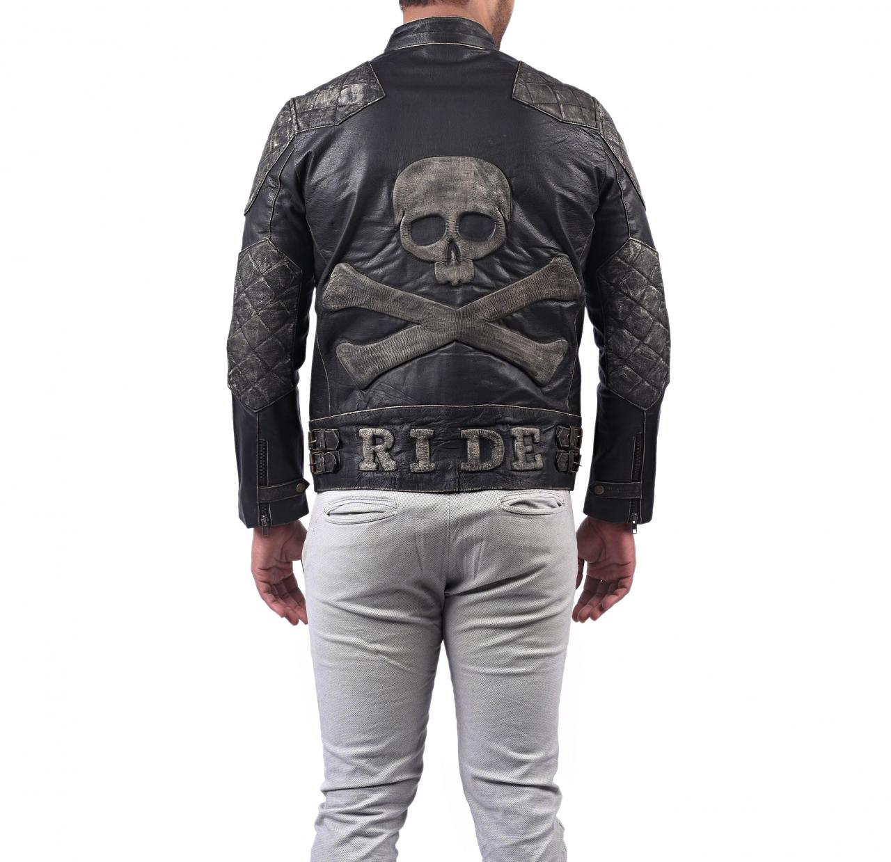 Men Biker Skull Embossed Vintage Distressed Black Motorcycle Leather Jacket