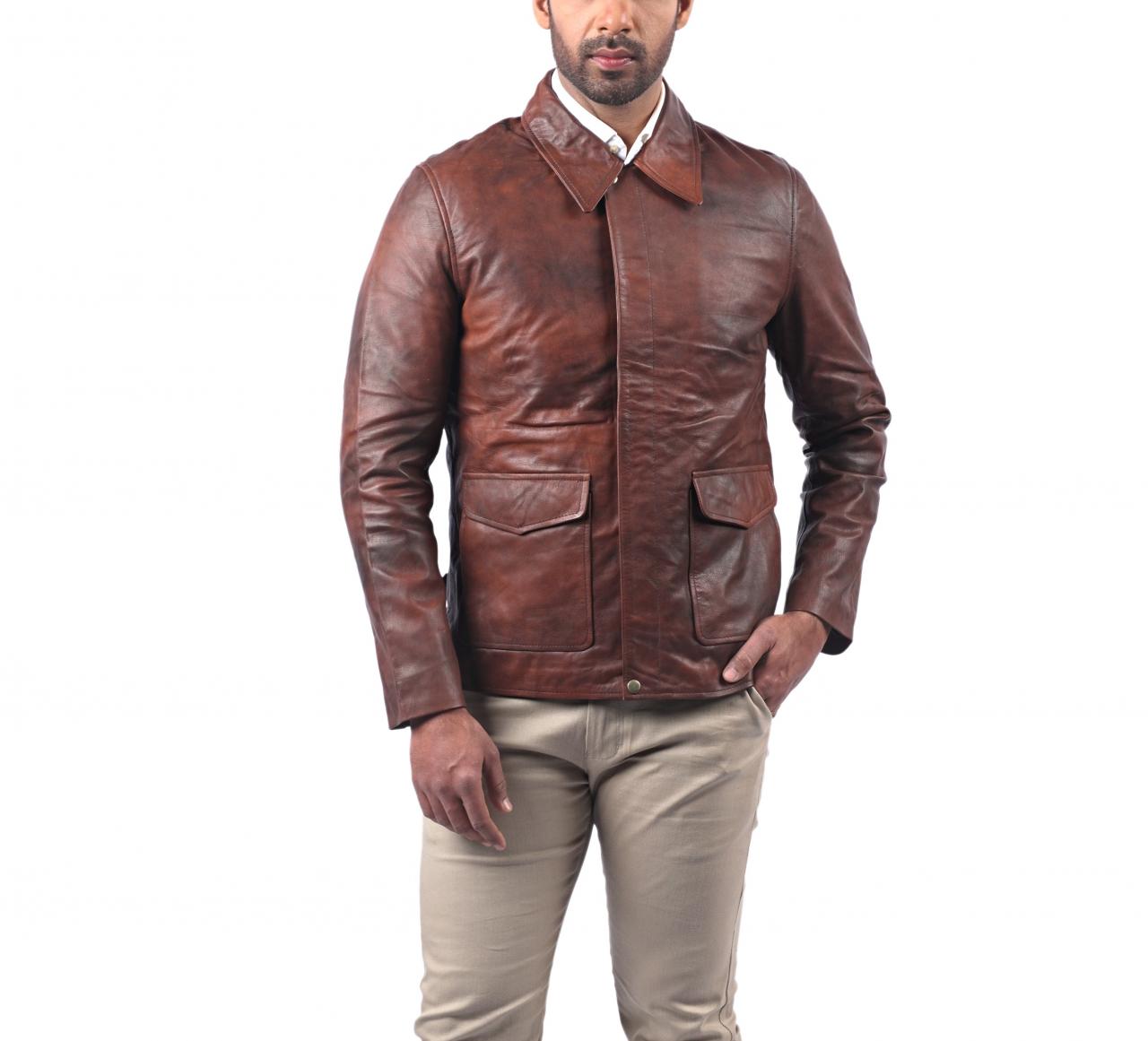 Biker Cafe Racer Vintage Shirt Collar Brown Motorcycle Leather Jacket For Men