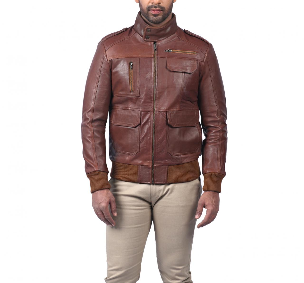 Men Casual Ribbed Stand Collar Bomber Brown Vintage Motorcycle Leather Jacket
