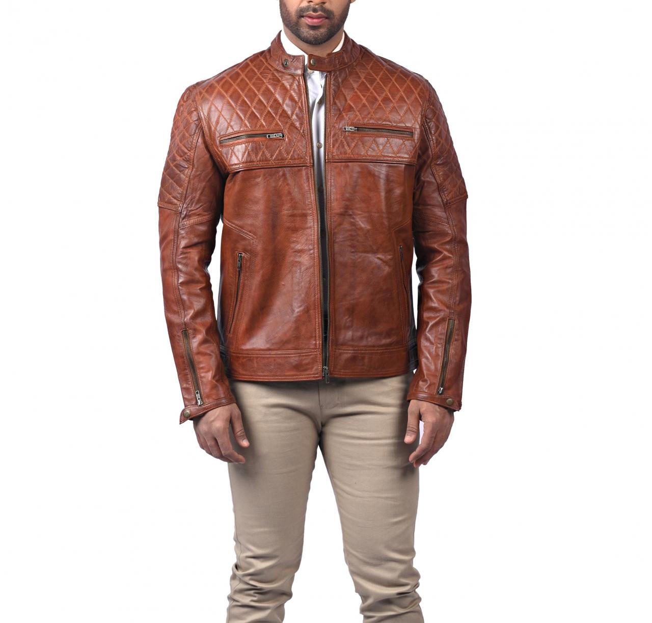 Seller Men Fashion Designer Diamond Quilted Biker Tan Motorcycle Leather Jacket