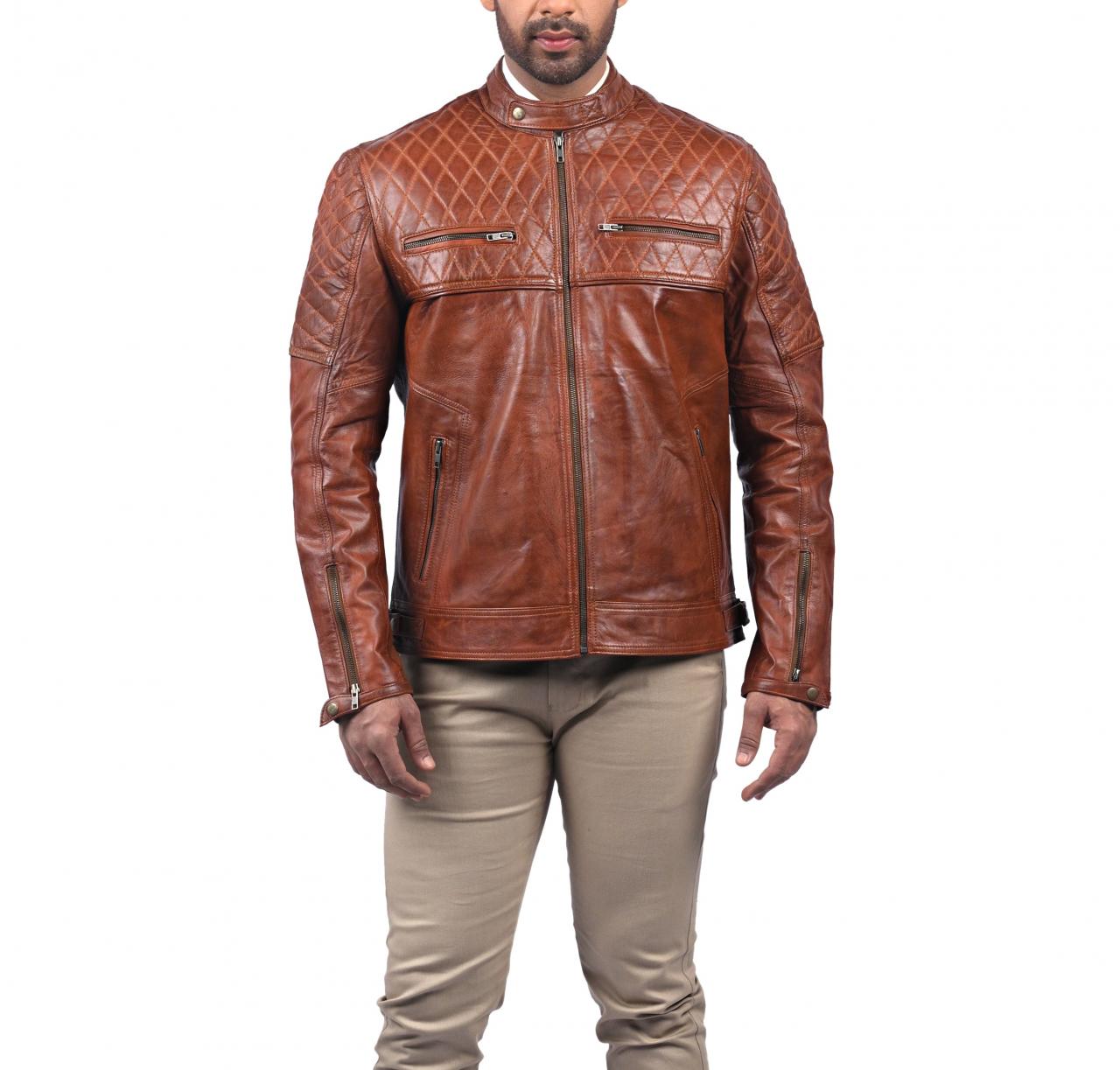 Seller Men Fashion Designer Diamond Quilted Biker Tan Faux Motorcycle Leather Jacket