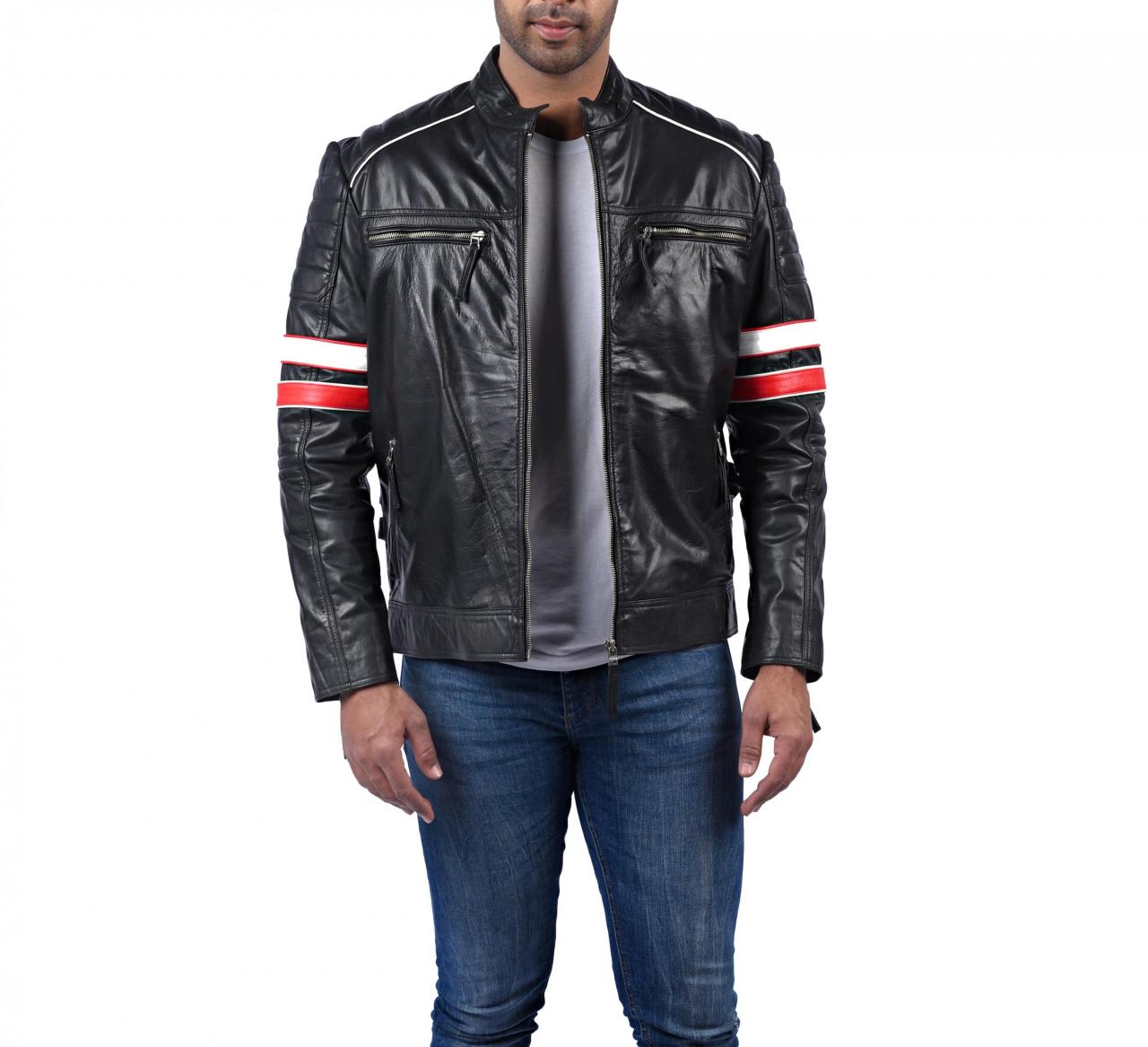 Men Biker Fashion Casual Retro Striped Black Real Motorcycle Leather Jacket