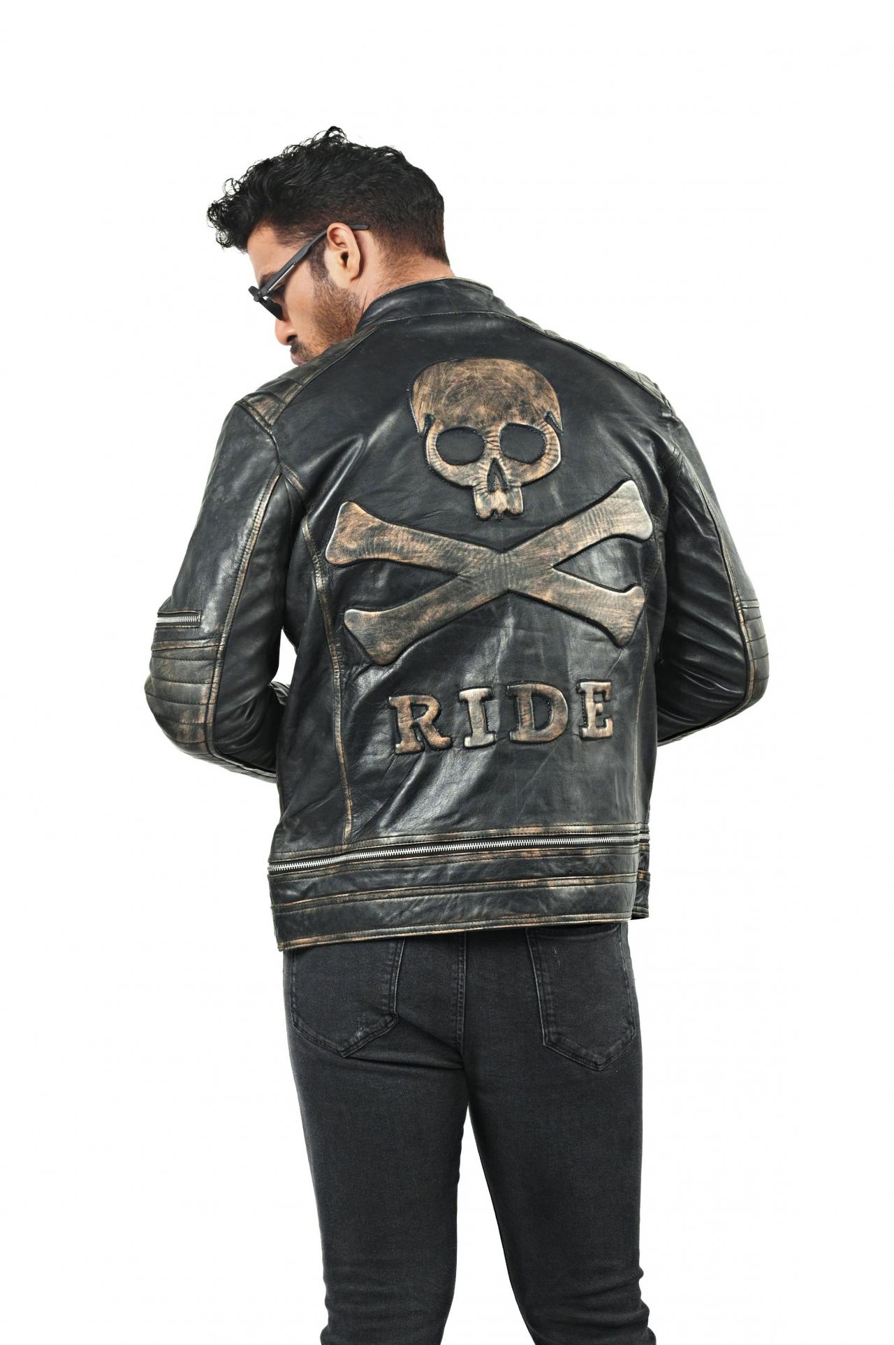 Riding Jackets For Men Skull Embossed Vintage Distressed Biker Black ...