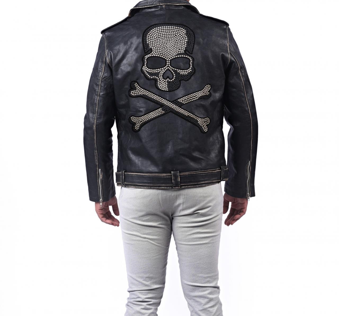 Men Classic Rub Off Brando Skull Embroidered Biker Black Leather ...