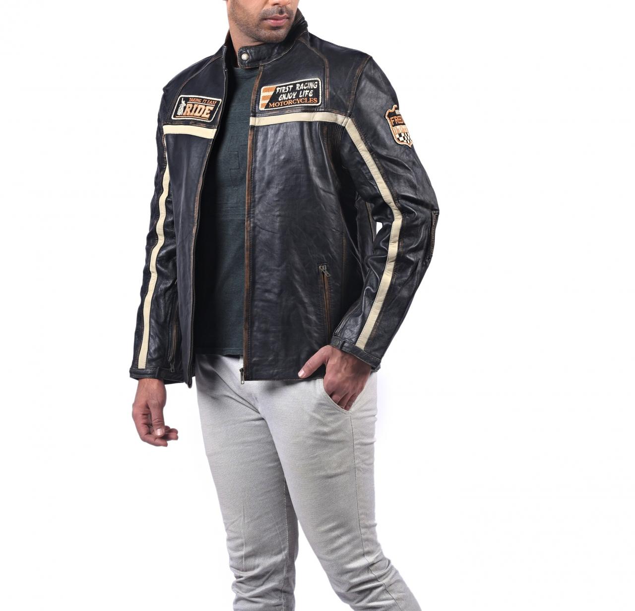Men Biker Cafe Racer Rider Racing Embroidered Black Faux Leather ...