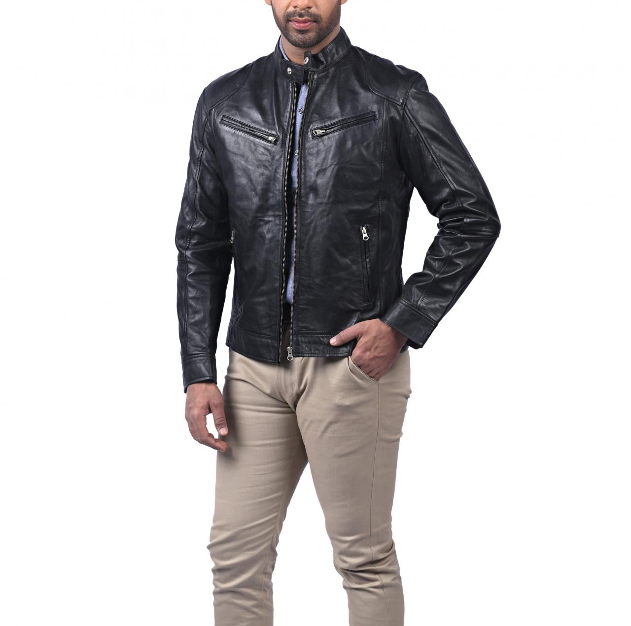 Men Leather Motorcycle Jacket Black Riding Racing Cafe Racer Faux Biker