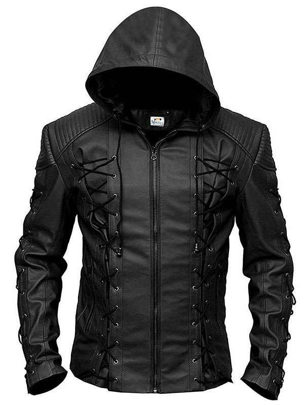 Men Arrow Stephen Amell Hoodie Black Real Leather Jacket