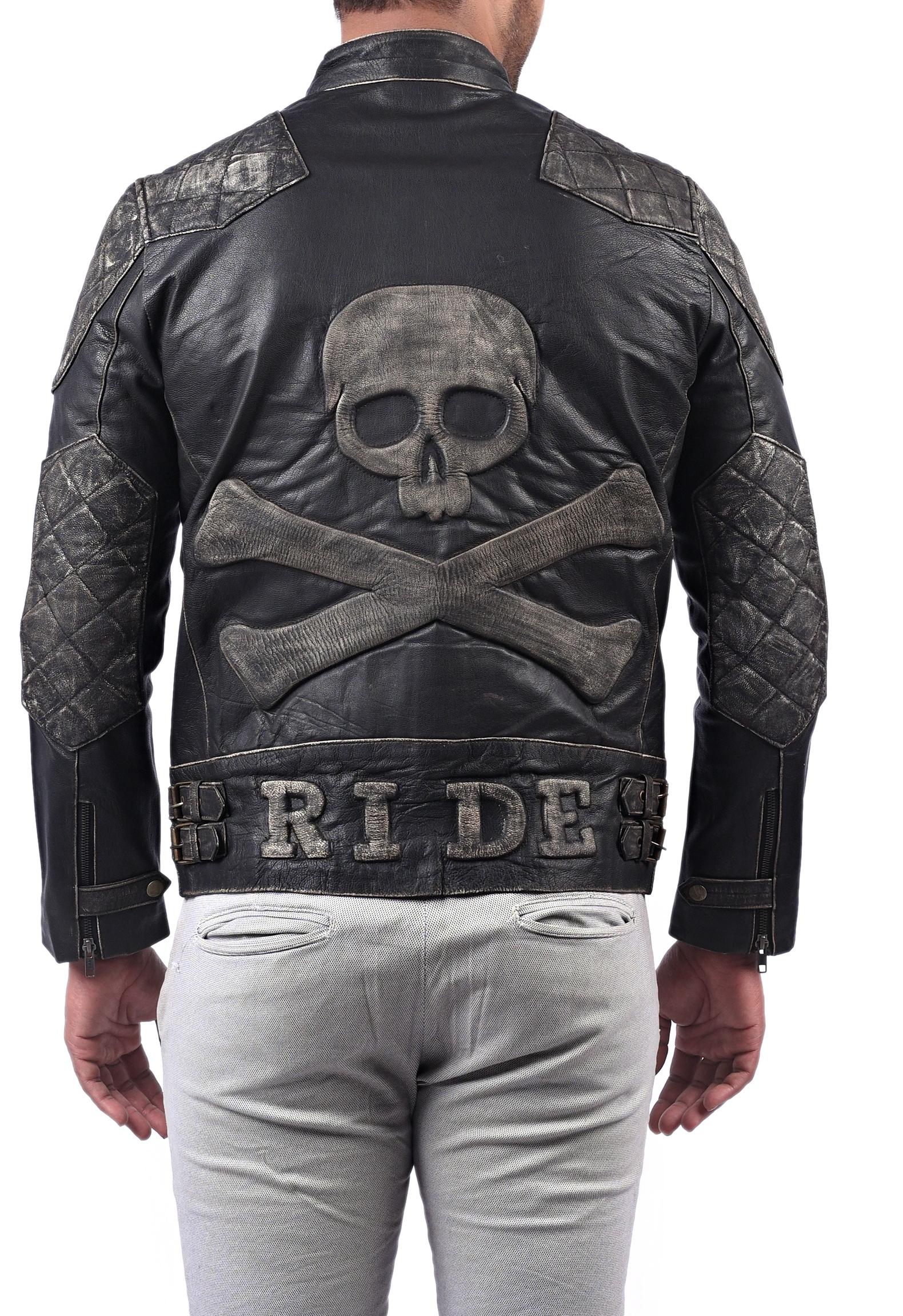 Men Biker Skull Embossed Vintage Distressed Black Motorcycle Leather Jacket