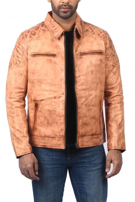 Men Fashion Clothing Shirt Collar David Beckham Beige Quilted Leather Motorcycle Jacket