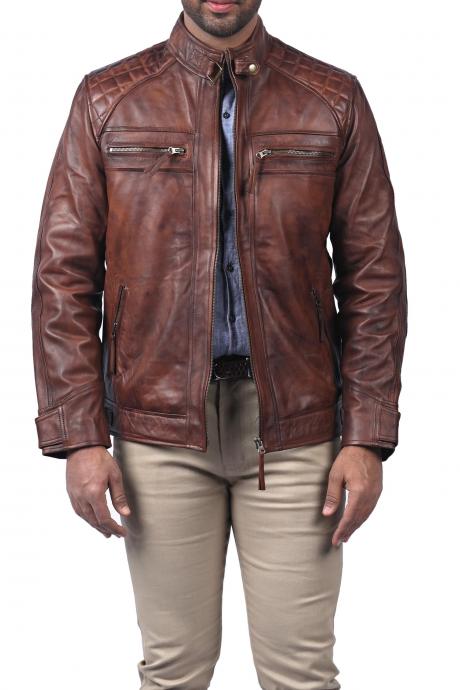 Men Classic Wear Cafe Racer Biker Brown Waxed Quilted Motorcycle Leather Jacket