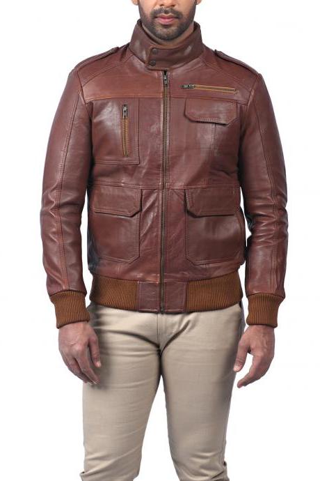 Men Casual Ribbed Stand Collar Bomber Brown Vintage Faux Motorcycle Leather Jacket