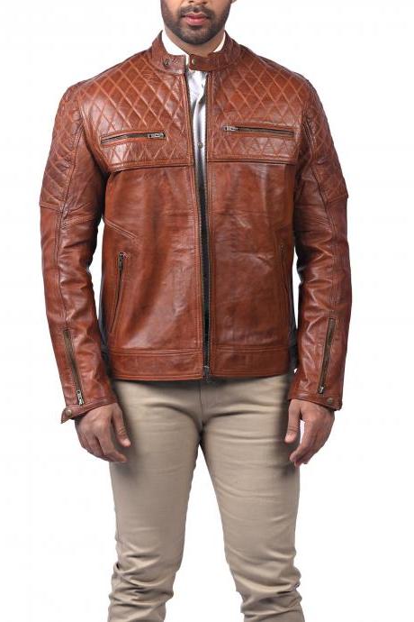 Best Seller Men Fashion Designer Diamond Quilted Biker Tan Motorcycle Leather Jacket