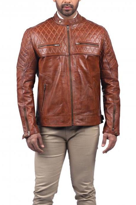 Best Seller Men Fashion Designer Diamond Quilted Biker Tan Faux Motorcycle Leather Jacket