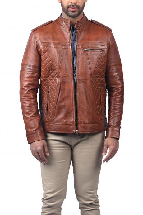 Men Army Hunter Designer Biker Tan Fashion Casual Motorcycle Leather Jacket