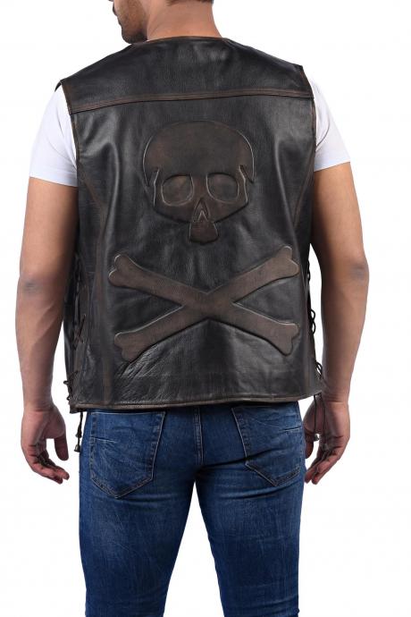 Men Moto Distressed Vintage Skull Embossed Black Biker Leather Motorcycle Vest