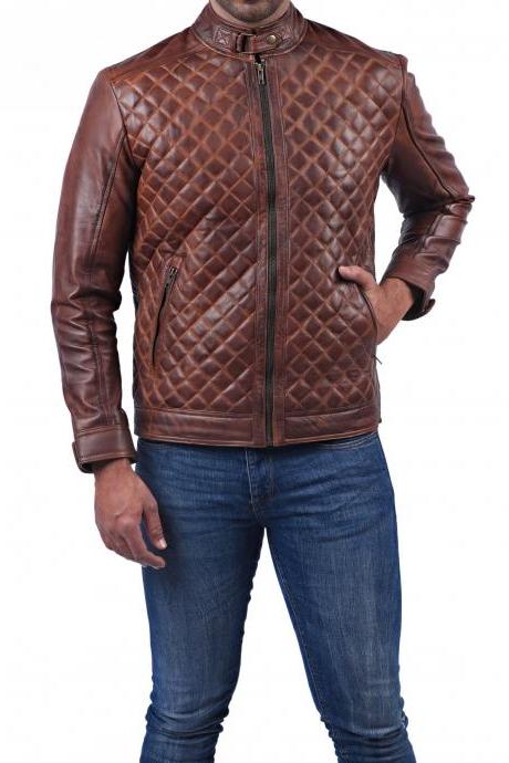 Quilted Leather Jacket For Men Diamond Fashion Designer Biker Tan Motorcycle Jacket