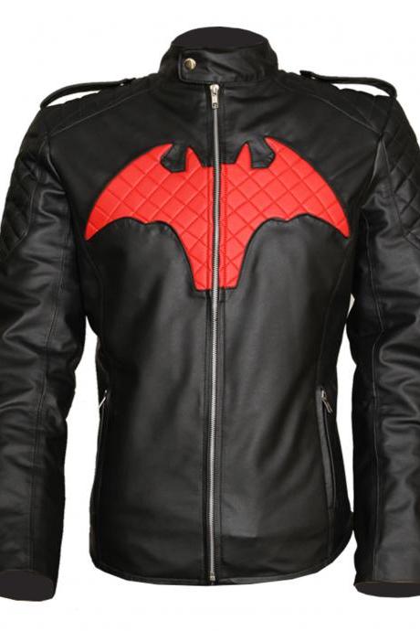 Bat The Man Beyond Red Logo Black Real Cosplay Leather Jacket Costume