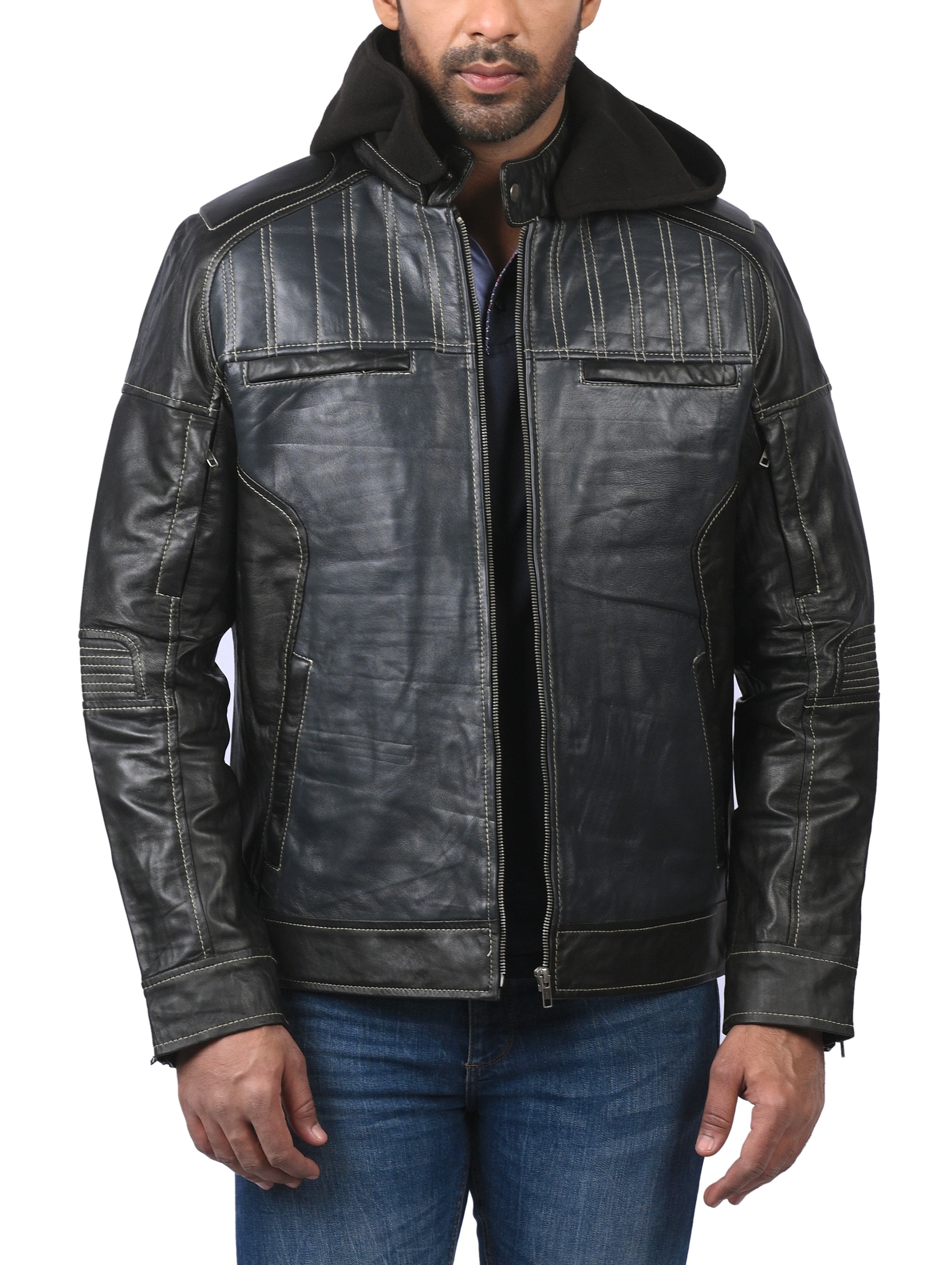 Men Fashion Wear Blue Hooded Leather Bomber Hoodie Motorcycle Jacket on ...