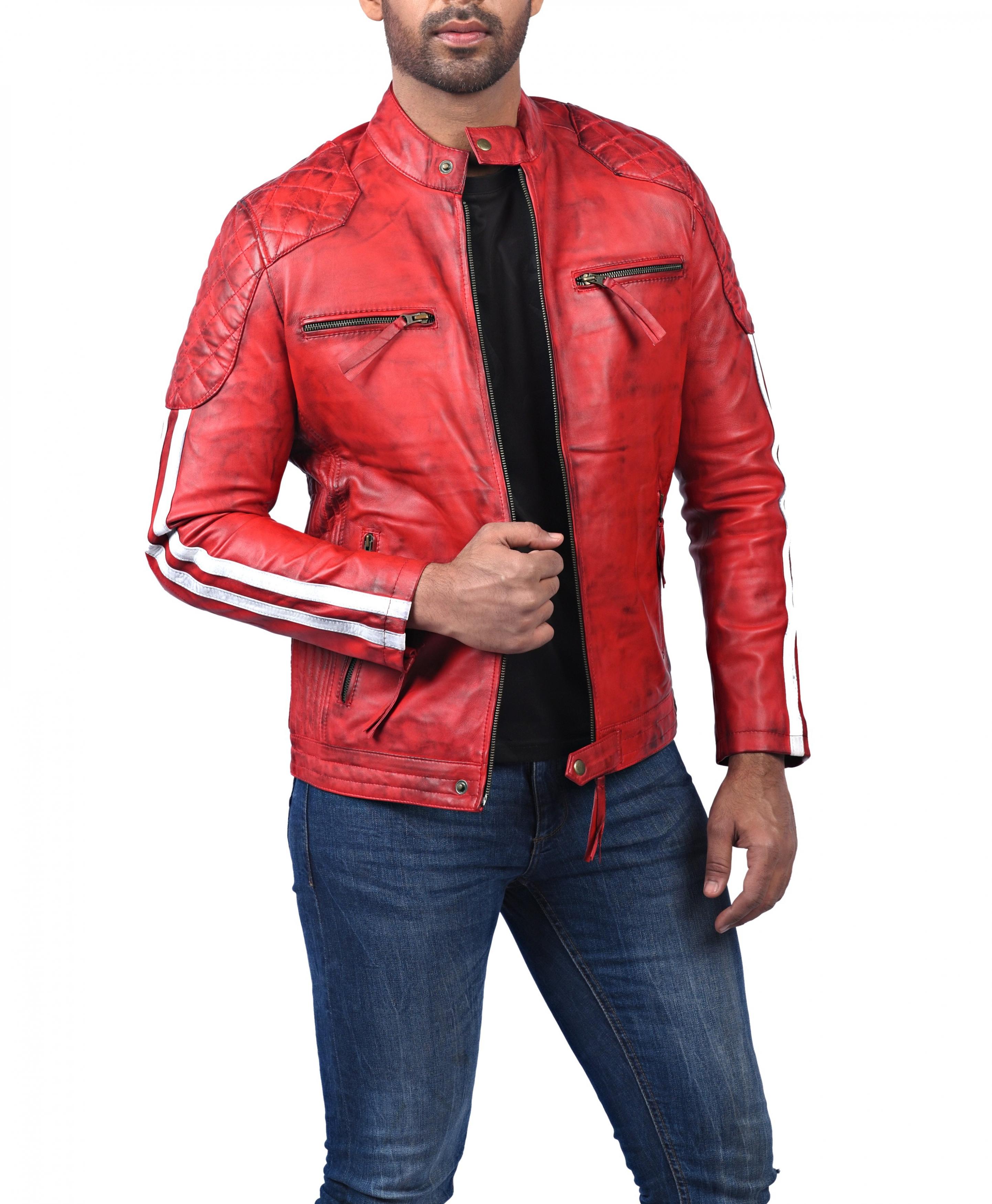 Street Wear Biker Cafe Racer Striped Red Leather Bomber Motorcycle