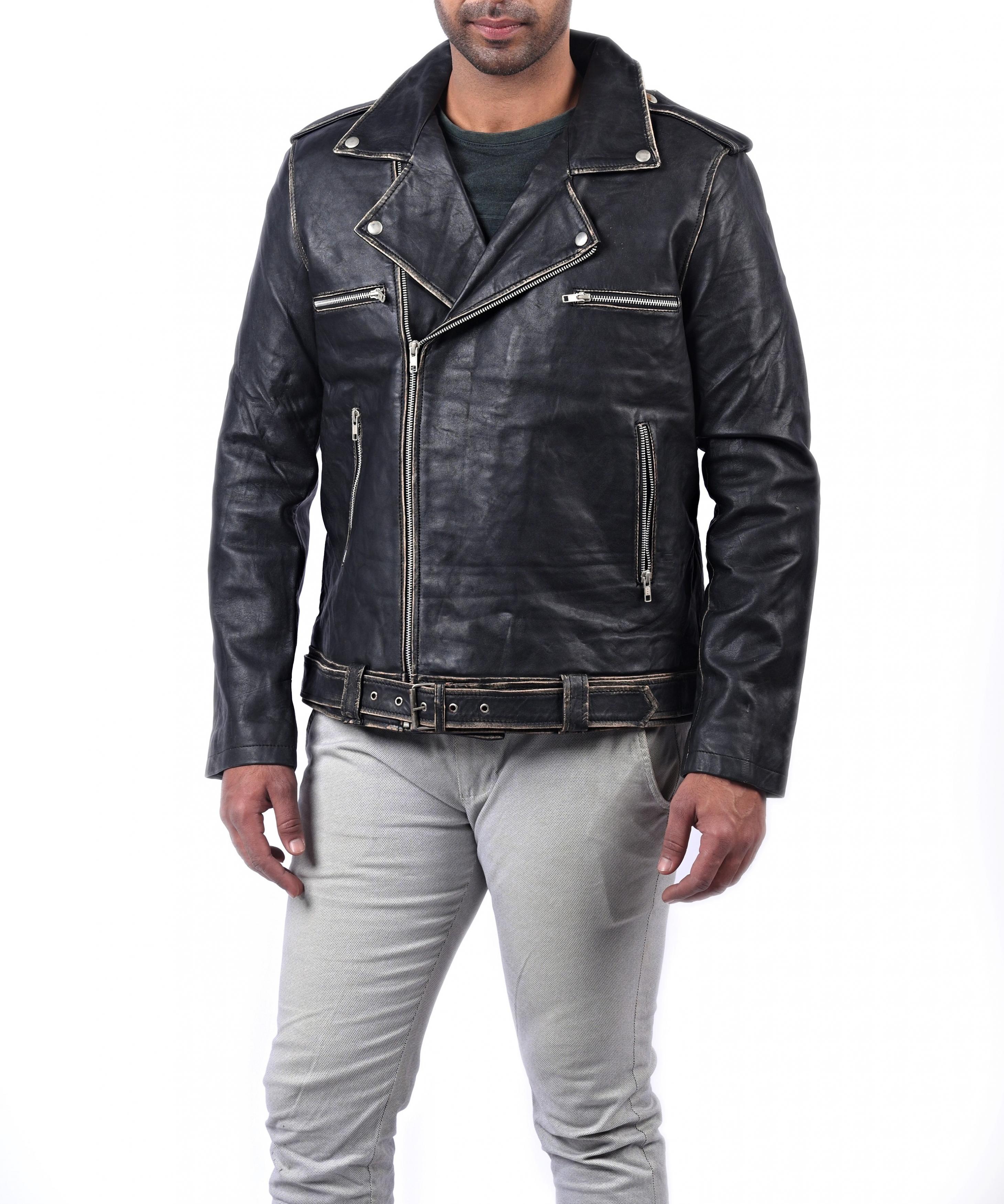 Men Classic Rub Off Boda Biker Brando Black Bomber Leather Motorcycle